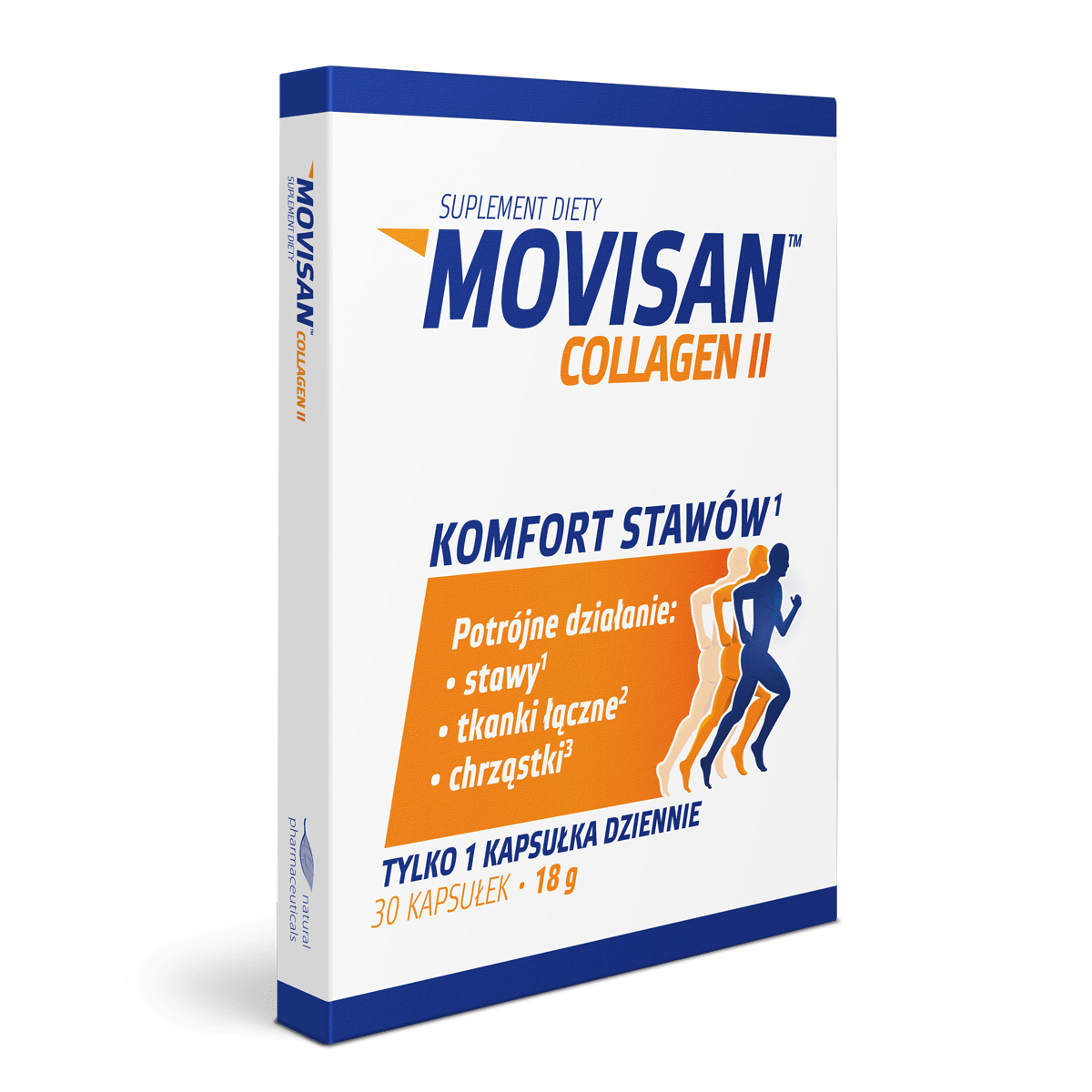 Natural Pharmaceuticals Movisan® Collagen II Opakowanie suplementu diety Movisan® Collagen II wspierającego komfort stawów, tkanki łączne i chrząstki.