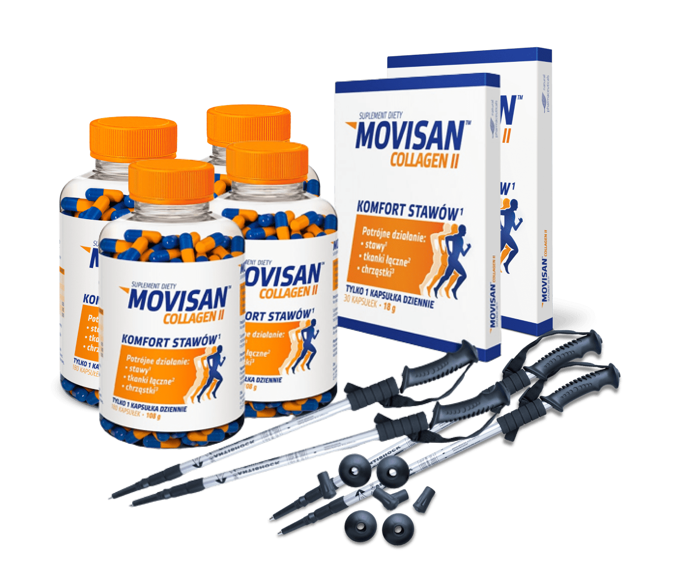 Natural Pharmaceuticals Movisan® Collagen II Suplement diety Movisan® Collagen II wspierający komfort stawów z kapsułkami i kije do Nordic Walking.