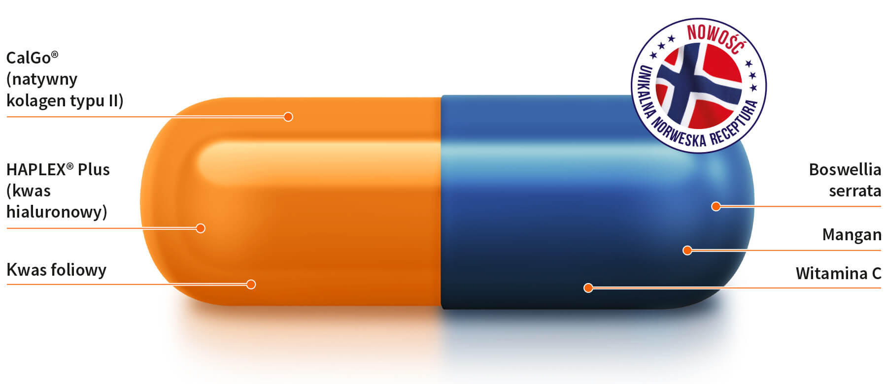 Natural Pharmaceuticals Movisan® Collagen II Kapsułka suplementu z kolagenem typu II, kwasem hialuronowym, kwasem foliowym, boswellią, manganem i witaminą C.