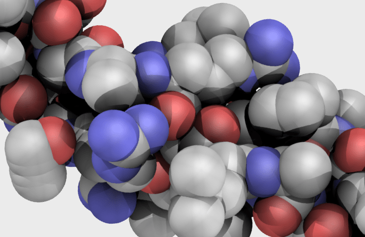 Natural Pharmaceuticals Movisan® Collagen II Model molekularny białka przedstawiający przestrzenne ułożenie atomów, z kolorami symbolizującymi różne pierwiastki.
