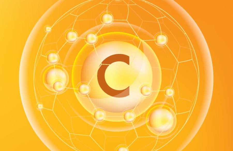 Natural Pharmaceuticals Movisan® Collagen II Ilustracja cząsteczki witaminy C z atomami na pomarańczowym tle symbolizująca antyoksydant i zdrowie.