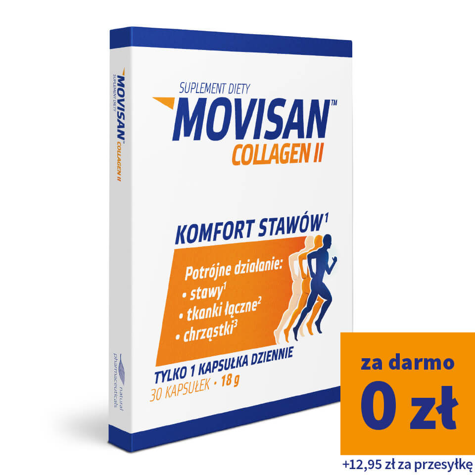 Natural Pharmaceuticals Movisan Collagen II Opakowanie suplementu diety Movisan Collagen II wspierającego komfort stawów, tkanki łączne i chrząstki.